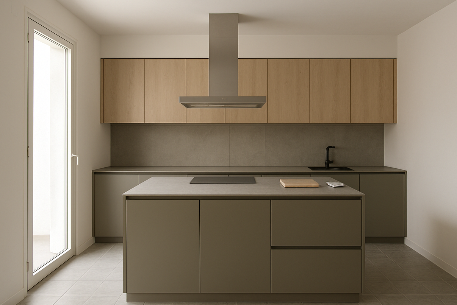 Cocina reformada con isla, frentes lisos y encimera de porcelánico