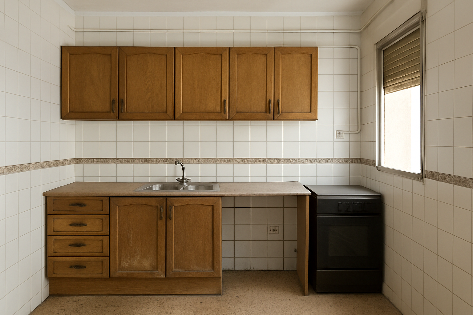 Cocina antigua antes de la reforma, con azulejo de los años ochenta y muebles originales
