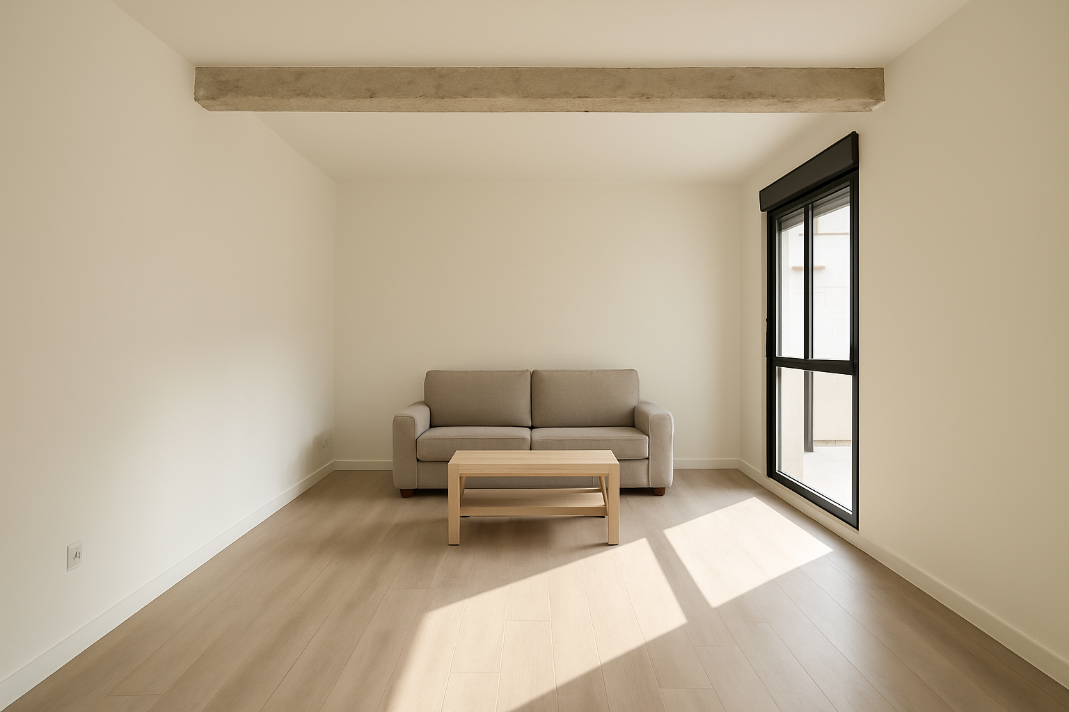 Salón de vivienda tras una reforma integral con carpintería nueva y suelo continuo